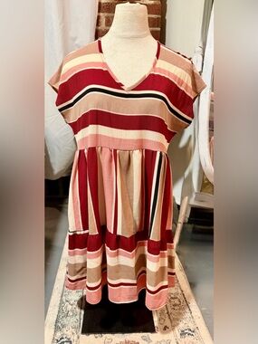 entro Striped V-Neck Tiered Midi Dress in Red, Cream, Pink and Tan